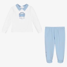 Mitch & Son-White & Blue 2 Piece Babygrow | Childrensalon Outlet