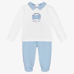 Mitch & Son-White & Blue 2 Piece Babygrow | Childrensalon Outlet