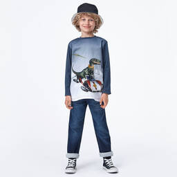 Molo-Blue Organic Cotton Dino Top | Childrensalon Outlet