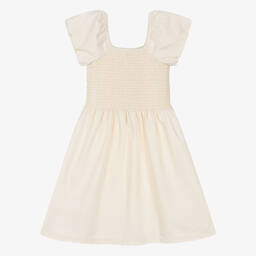 Molo-Girls Beige Shirred Organic Cotton Dress | Childrensalon Outlet