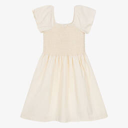 Molo-Girls Beige Shirred Organic Cotton Dress | Childrensalon Outlet