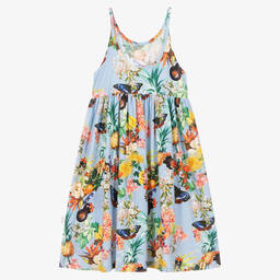 Molo-Girls Blue Cotton Floral & Fruits Dress | Childrensalon Outlet