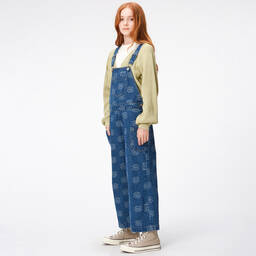 Molo-Girls Blue Denim Flower Print Dungarees | Childrensalon Outlet