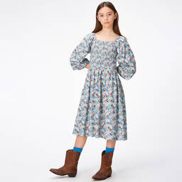 Molo-فستان قطن وفيسكوز تويل لون أزرق بطبعة ورود | Childrensalon Outlet