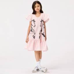 Molo-Girls Blush Cotton Horse Print Dress | Childrensalon Outlet
