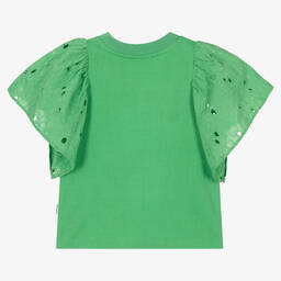 Molo-Girls Green Cotton Broderie Anglaise T-Shirt | Childrensalon Outlet