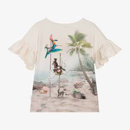 Molo-Girls Ivory Cotton Cat Carousel T-Shirt | Childrensalon Outlet