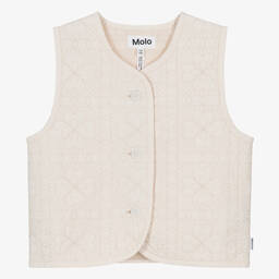 Molo-Girls Ivory Embroidered Floral Cotton Gilet  | Childrensalon Outlet