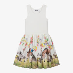 Molo-Girls Ivory Fauna Print Cotton Dress | Childrensalon Outlet