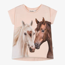 Molo-Girls Pink Organic Cotton Horses T-Shirt | Childrensalon Outlet