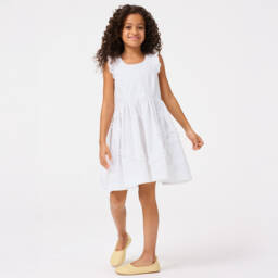 Molo-Girls Pure White Cotton Ruffle Dress | Childrensalon Outlet