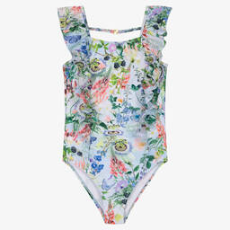 Molo-Teen Girls Blue Floral Ruffle Swimsuit (UPF50+) | Childrensalon Outlet