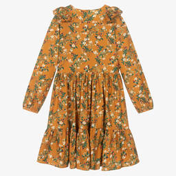 Molo-فستان تينز بناتي قطن عضوي لون أصفر موتارد بطبعة ورود | Childrensalon Outlet