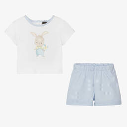Monnalisa-طقم شورت قطن لون أبيض وأزرق للمواليد | Childrensalon Outlet
