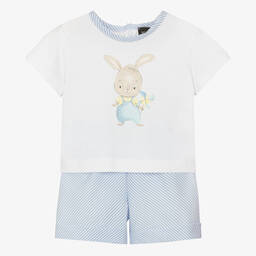 Monnalisa-طقم شورت قطن لون أبيض وأزرق للمواليد | Childrensalon Outlet