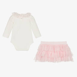 Monnalisa-Белое боди и розовая юбка из тюля | Childrensalon Outlet