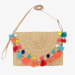Straw clutch bag shop with pom poms