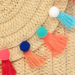 Monnalisa-Beige Straw Pom-Pom Bag (28cm) | Childrensalon Outlet