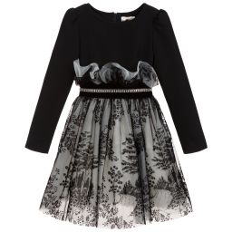 Monnalisa-Black Flocked Tulle Dress | Childrensalon Outlet