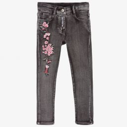 Monnalisa-Black Floral Denim Jeans | Childrensalon Outlet