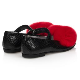 موناليزا-حذاء جلد إصطناعي وفرو لون أسود وأحمر للبنات | Childrensalon Outlet