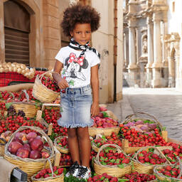 Monnalisa-Blue Denim Cherry Skirt | Childrensalon Outlet