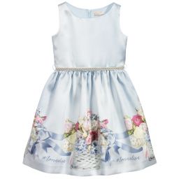 Monnalisa Chic-فستان ساتان لون أزرق بطبعة ورود | Childrensalon Outlet