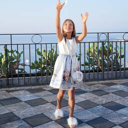 Monnalisa Chic-فستان ساتان لون أزرق بطبعة ورود | Childrensalon Outlet