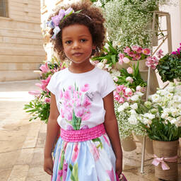 Monnalisa-Blue & Pink Floral Cotton Skirt | Childrensalon Outlet