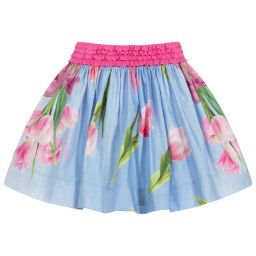 Monnalisa-Blue & Pink Floral Cotton Skirt | Childrensalon Outlet