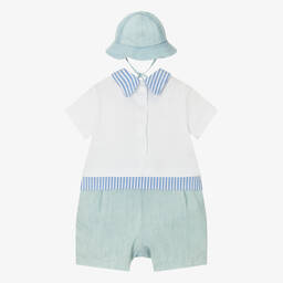 Monnalisa-طقم بِدلة أوفرول قطن وكتان لون أزرق وأبيض | Childrensalon Outlet