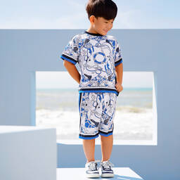 Monnalisa-Boys Blue & White Cotton Jersey Shorts | Childrensalon Outlet
