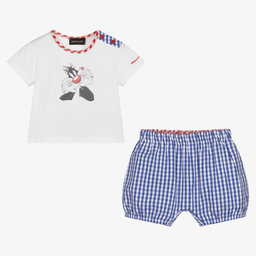 Monnalisa-طقم شورت قطن لون أزرق وأبيض وأحمر للمواليد | Childrensalon Outlet