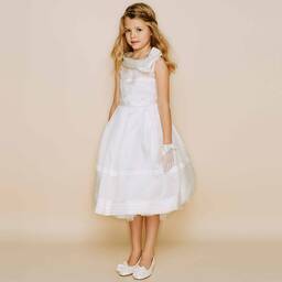 Monnalisa Chic-Couture Cream Satin Dress with Diamanté Trim | Childrensalon Outlet