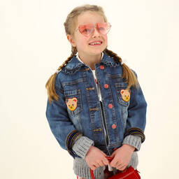 Monnalisa-جاكيت قطن دنيم لون أزرق داكن للبنات | Childrensalon Outlet