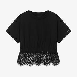 Monnalisa-Girls Black Cotton & Lace T-Shirt | Childrensalon Outlet