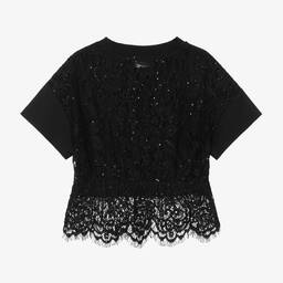 Monnalisa-Girls Black Cotton & Lace T-Shirt | Childrensalon Outlet