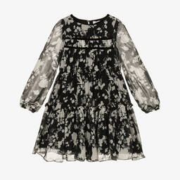 Monnalisa-Girls Black Floral Logo Dress  | Childrensalon Outlet