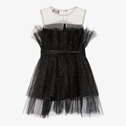 Monnalisa-فستان شبك وتول غليتر لون أسود | Childrensalon Outlet