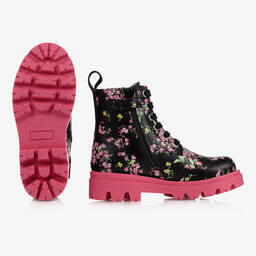 Monnalisa-Черно-розовые ботинки с цветами для девочек | Childrensalon Outlet