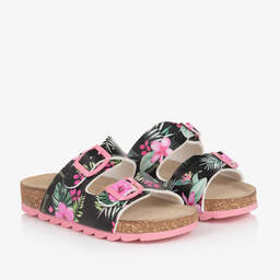 Monnalisa-Girls Black & Pink Floral Sandals | Childrensalon Outlet
