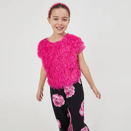 Monnalisa Chic-Girls Black & Pink Rose Print Trousers | Childrensalon Outlet