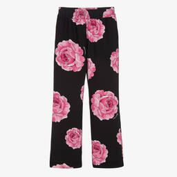 Monnalisa Chic-Girls Black & Pink Rose Print Trousers | Childrensalon Outlet
