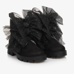 Monnalisa-Girls Black Suede Bow Ankle Boots | Childrensalon Outlet