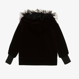 Monnalisa Chic-Girls Black Velour & Tulle Hoodie | Childrensalon Outlet