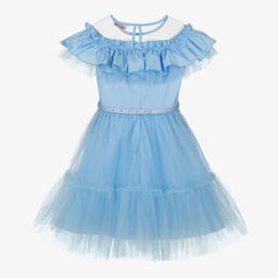 Monnalisa Chic-Girls Blue Cotton & Tulle Ruffle Dress | Childrensalon Outlet