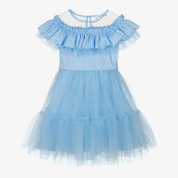 Monnalisa Chic-Girls Blue Cotton & Tulle Ruffle Dress | Childrensalon Outlet