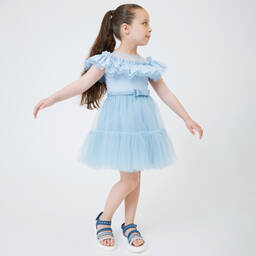 Monnalisa Chic-Girls Blue Cotton & Tulle Ruffle Dress | Childrensalon Outlet