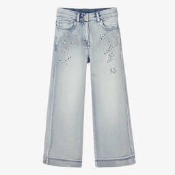 Monnalisa Chic-Girls Blue Rhinestone Wide Leg Jeans | Childrensalon Outlet