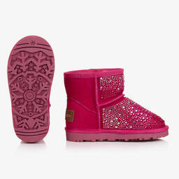 Monnalisa-Girls Bright Pink Diamanté Suede Boots | Childrensalon Outlet